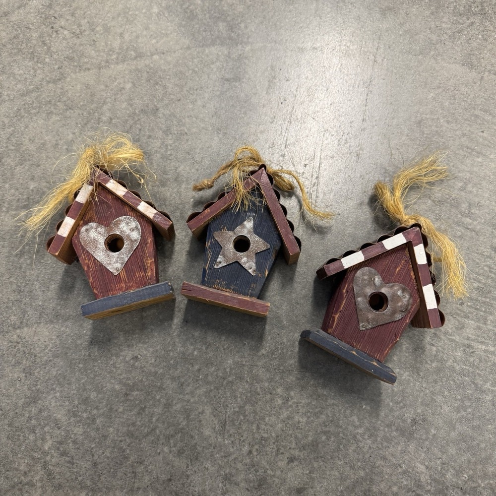 Primitive Wooden Birdhouse Ornament Lot of 3 Rustic Heart Star Farmhouse Decor